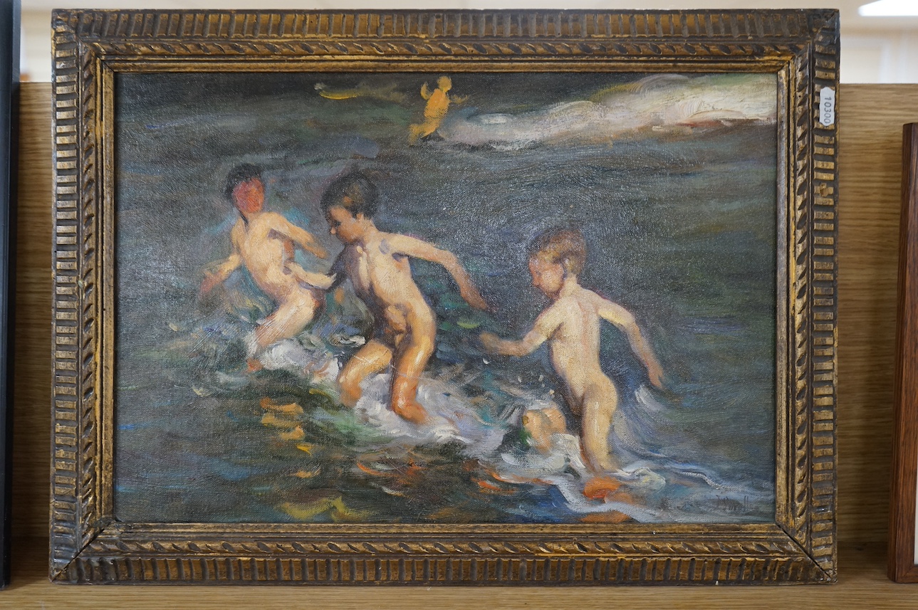 A decorative Impressionist oil on board, Beach scene with boys, 30 x 44cm. Condition - good